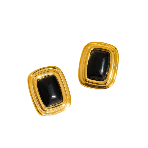 18k Gold Plated Non-Tarnish Black Stone Square Statement Earrings