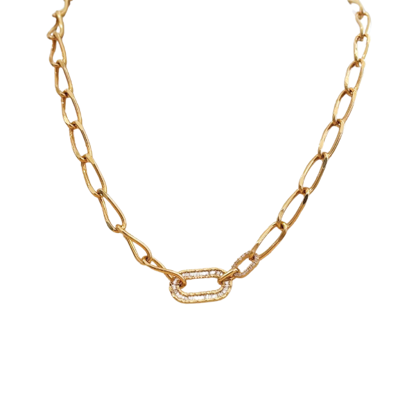 LA Gold Plated Twist Oval Link w/ Pave & Baguette CZ Paperclip Accent Necklace