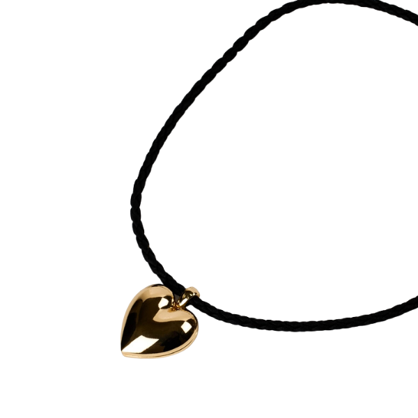Gold Heart Charm on Black Braided Leather Necklace