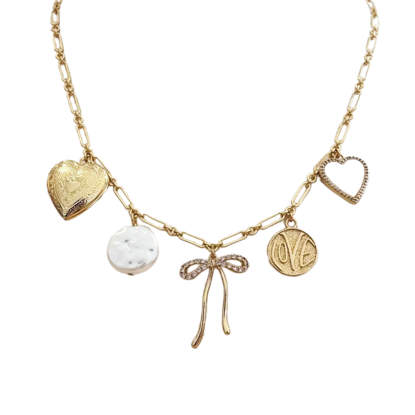 LA Gold Plated Locket, Pearl, Bow, Love Coin, & MOP Heart Pave Charm Necklace