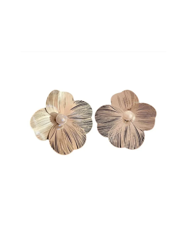 Gold Flower w/Pearl Accent Statement Stud Earrings