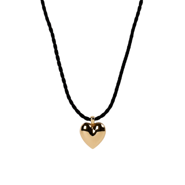 Gold Heart Charm on Black Braided Leather Necklace