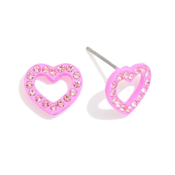 Studded Hollow Heart Stud Earrings - Hot Pink