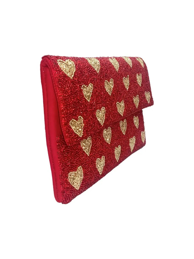Red Heart Beaded Clutch Bag