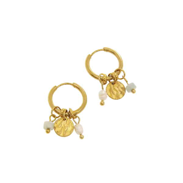 Gold Disc & Two Bead Charm Clicker Hoop Earrings