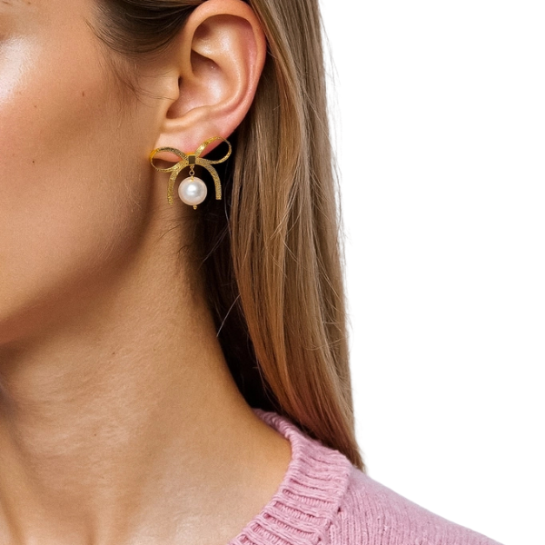 Alice 18K Gold Non-Tarnish Bow w/Pearl Accent Statement Earring