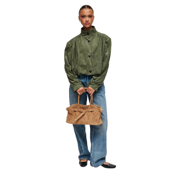 Tommy Suede Satchel Bag w/Faux Fur Accent