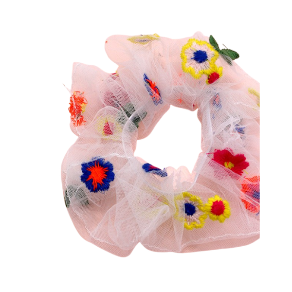 Embroidered Floral &amp; Mesh Scrunchies