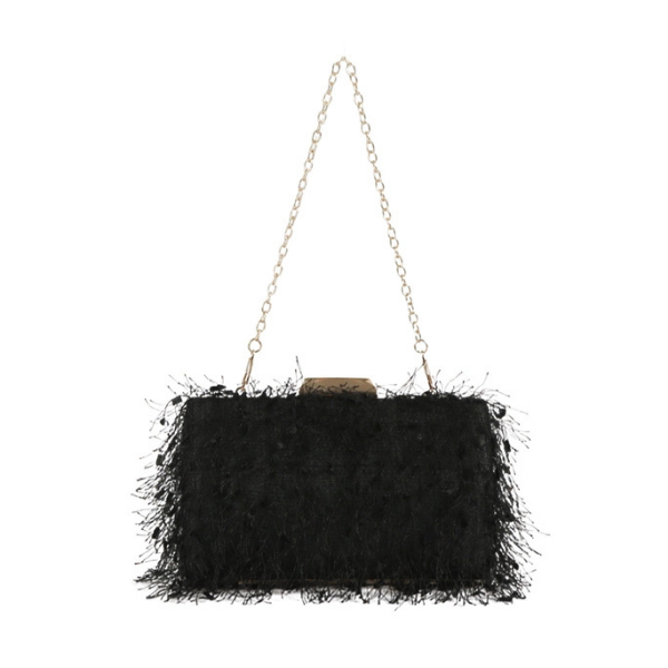 Feather Fringe Clutch Bag w/Chain Strap