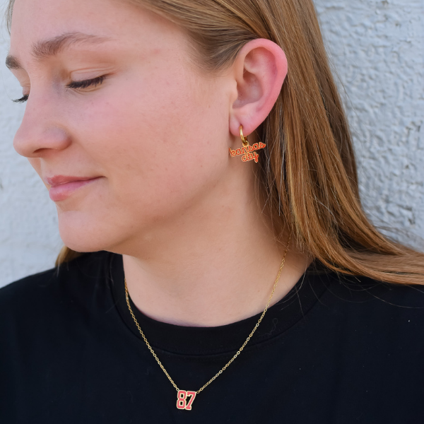 Kansas City Stacked Red Script Huggie Hoop Earrings