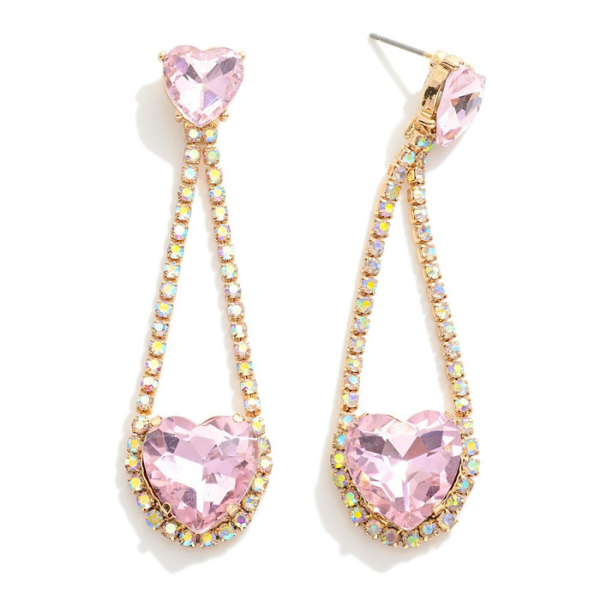 Rhinestone & Crystal Hearts Statement Earrings - Pink