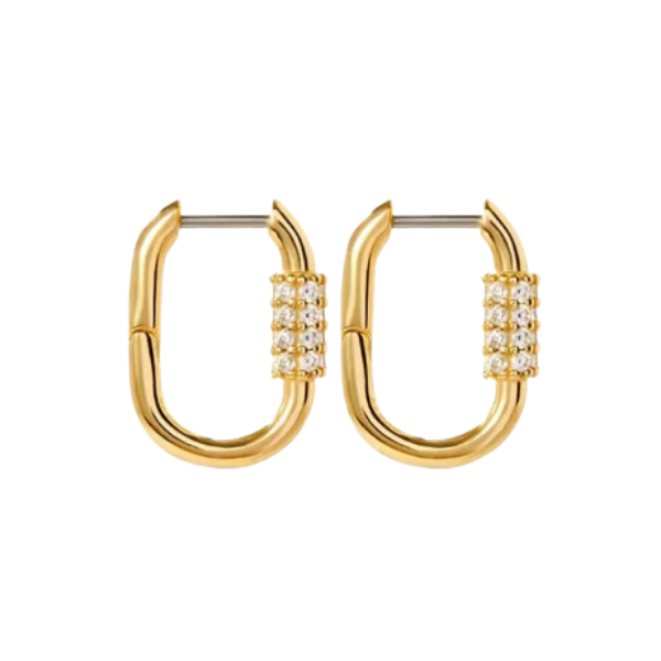 Rhinestone Carabiner Style Gold Clicker Hoops Earrings