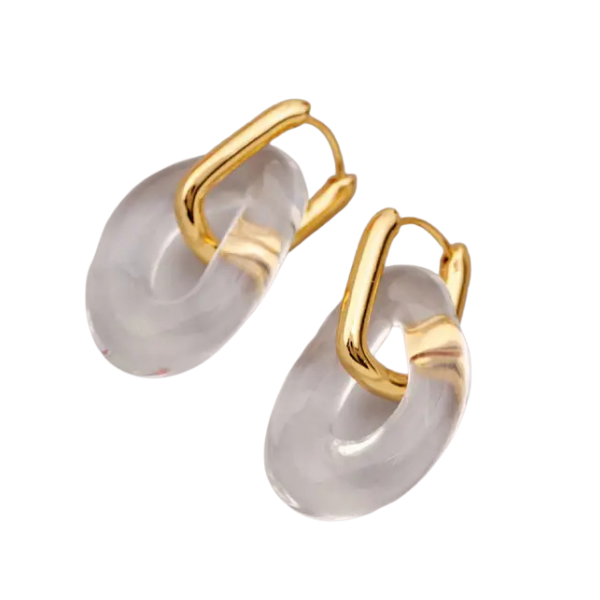 Oblong Clear Charm Gold Hoop Earrings
