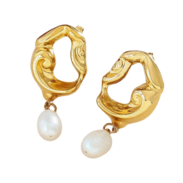 18k Gold Plated Non-Tarnish Abstract Hoop w/Pearl Drop Earrings