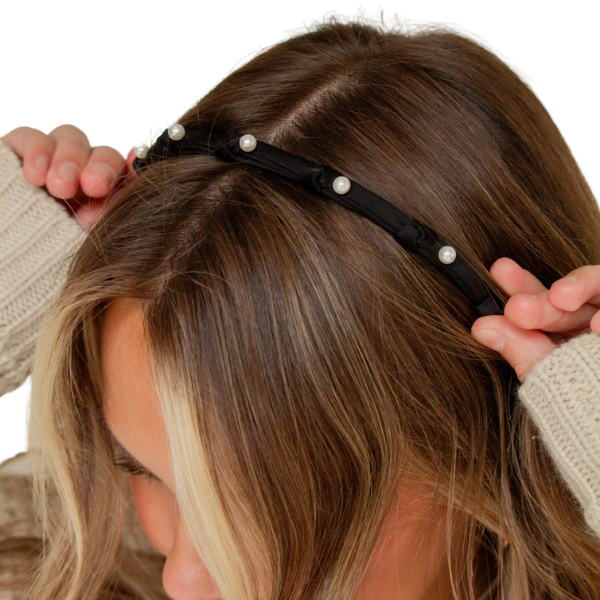 Black Skinny Headband w/Pearl Accents