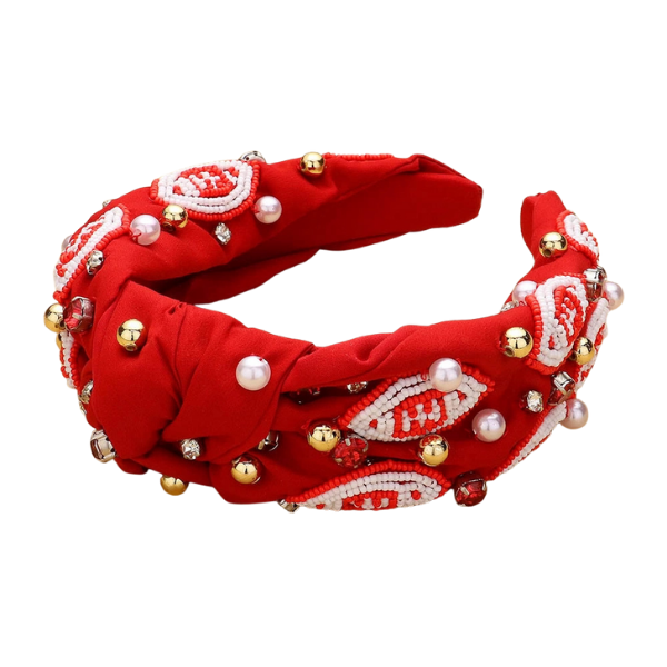 Kansas City Red & White Football Beaded Top Knot Headband