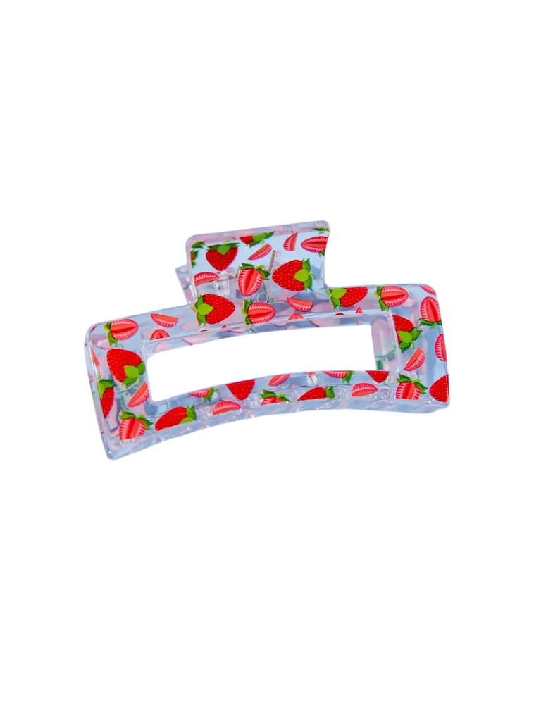 Clear Strawberry Print Rectangle Claw Clip