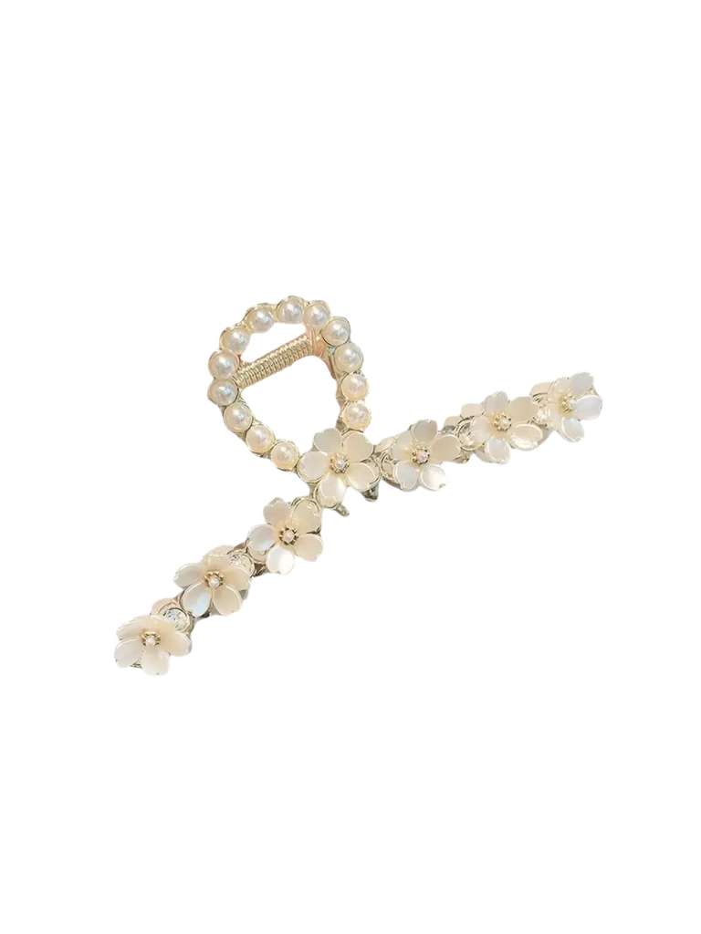 Pearl & Rhinestone White Flower Loop Claw Clip