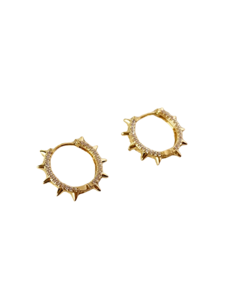 18k Gold Filled Spiked w/CZ Stone Accent Huggie Hoop Earrings