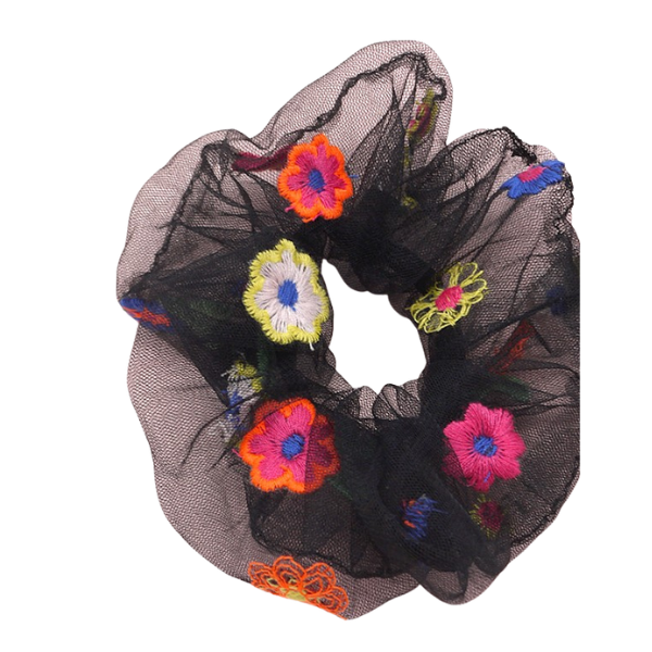 Embroidered Floral & Mesh Scrunchies