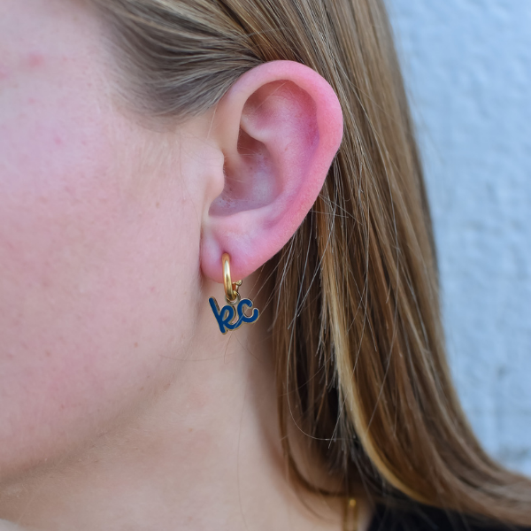 Kansas City Dark Blue Script Charm Huggie Hoop Earrings