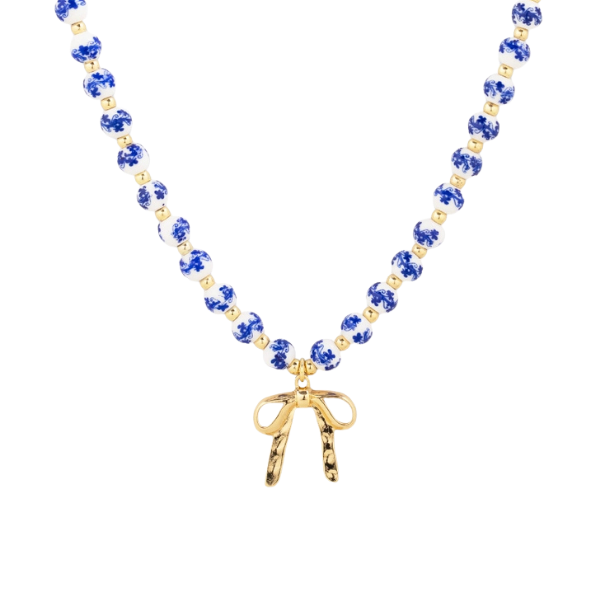 Chinoiserie Blue Bead Necklace w/Bow Charm