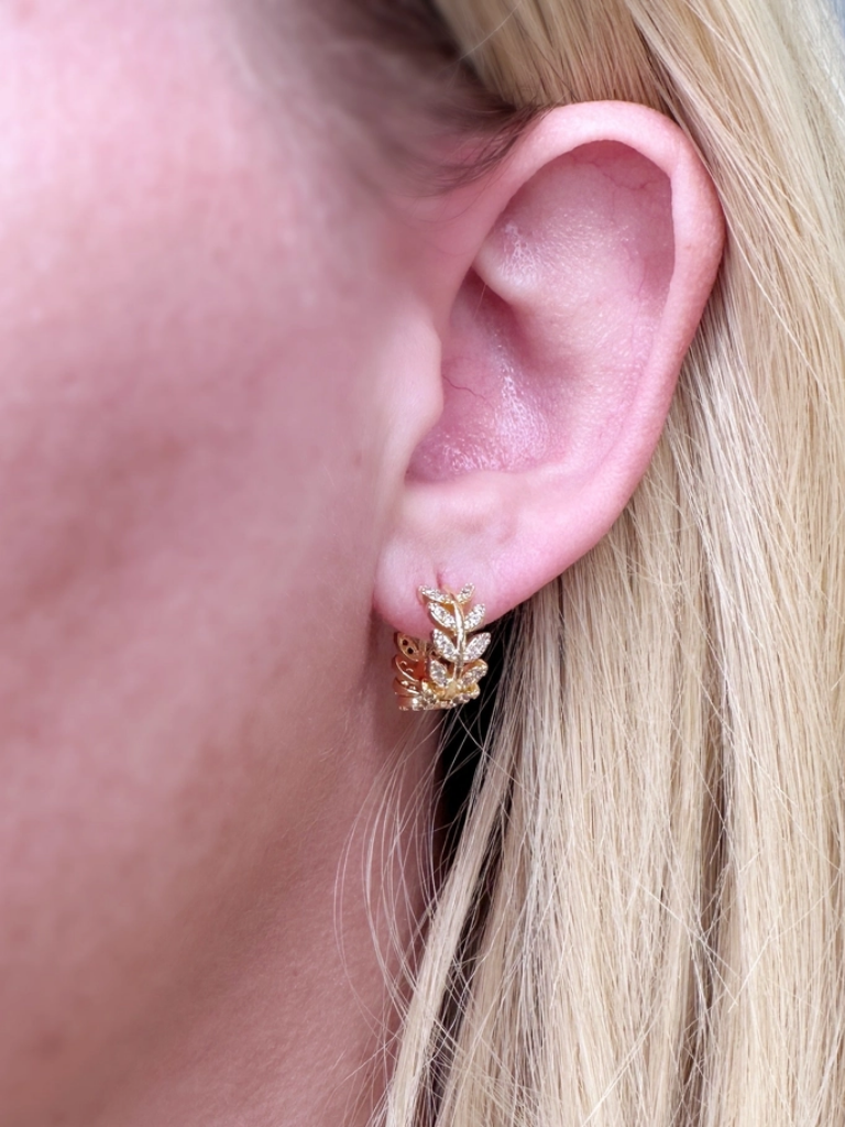 Gold Leaf w/CZ Accent Huggie Hoop Earrings