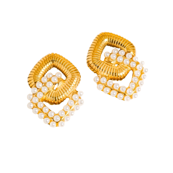 18k Gold Plated Geometric Pearl Chain Statement Earrings