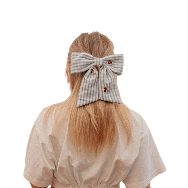 Gingham Bow - Cherries & Blue