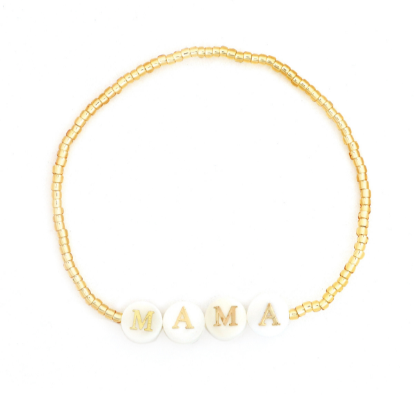 'Mama' Gold & White Beaded Bracelet