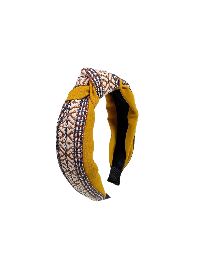 Yellow, Navy, Orange Embroidered Top Knot Headband