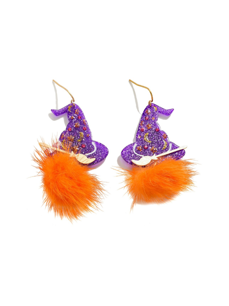 Witch Hat w/Orange PomPoms Earrings