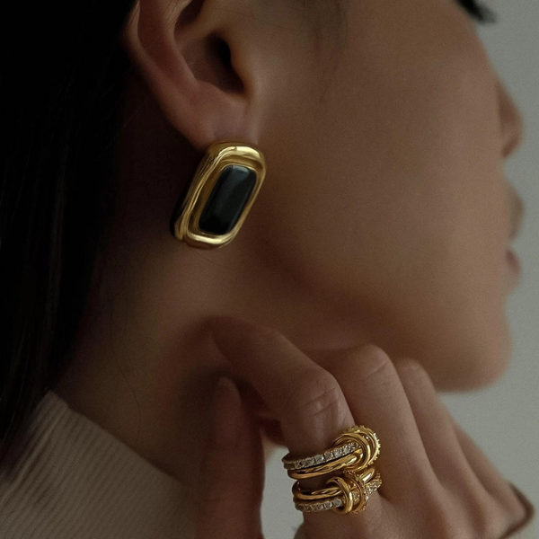 18k Gold Plated Non-Tarnish Black Stone Square Statement Earrings