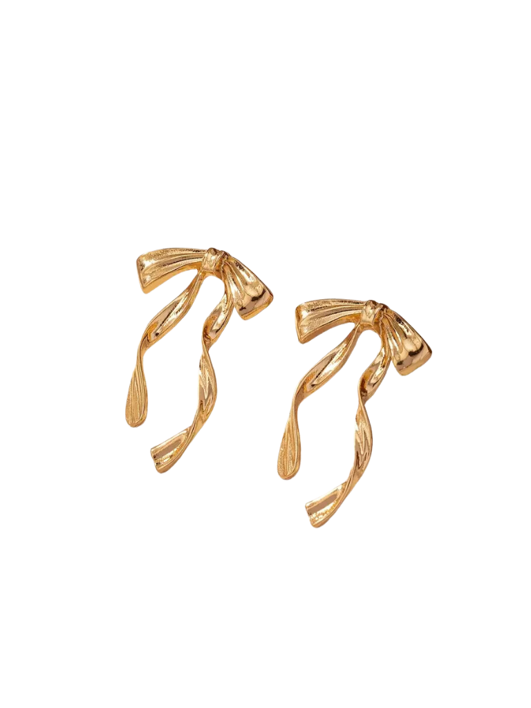 Gold Long Ribbon Bow Stud Earrings