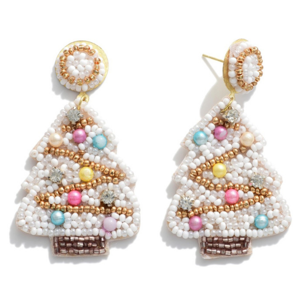 Holiday Earring - White beaded tree