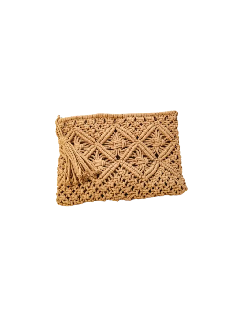 Tan Crochet Tassel Clutch Bag