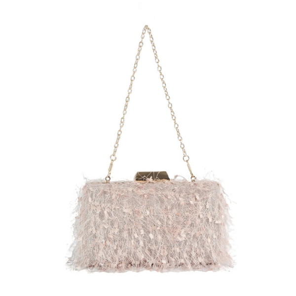 Feather Fringe Clutch Bag w/Chain Strap