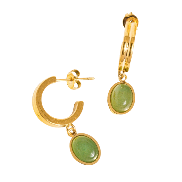 Green Stone Charm Hoop Earrings