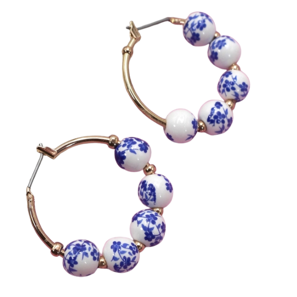 'Delft Bloom' Beaded Hoops - Blue