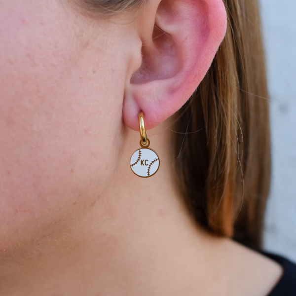 Kansas City White Baseball &amp; Blue Bat Gold Huggie Hoop Earrings