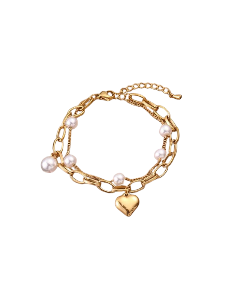 Gold Heart Charm & Pearl Bead Paperclip Bracelet