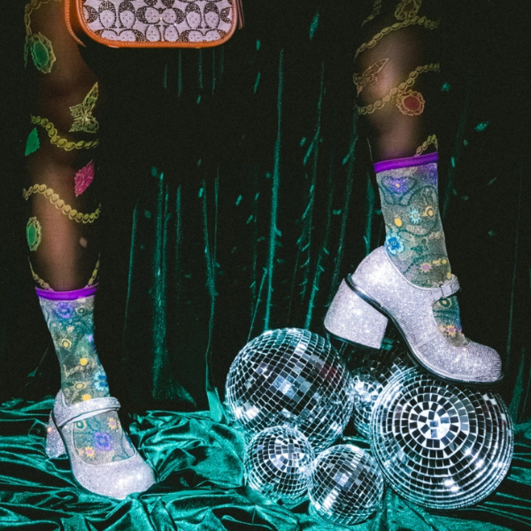 'Jeweled Floral' Gold Shimmer Sheer Socks