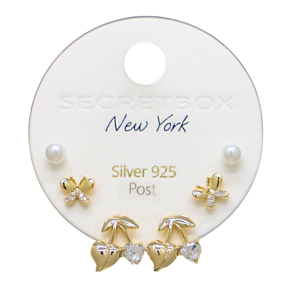 Secret Box NY Rhinestone Cherry Sterling Silver Post Earrings Set