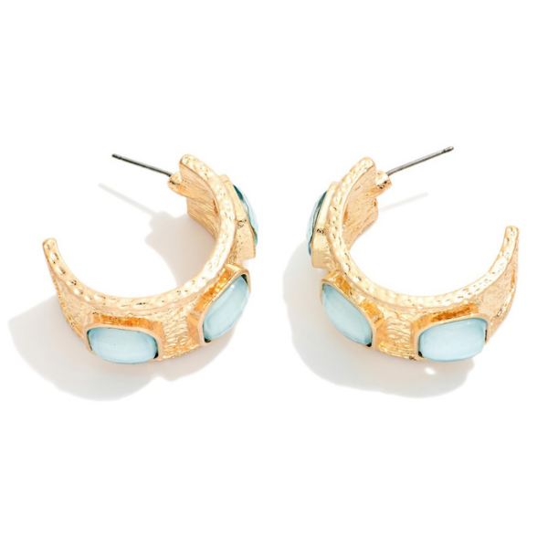 Chunky Textured Gold Hoops w/Stone Accents