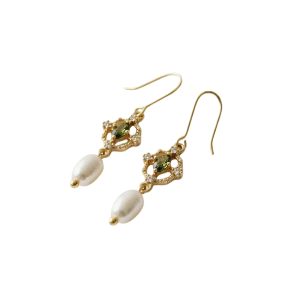 Green Gemstone & Pearl Drop Earrings