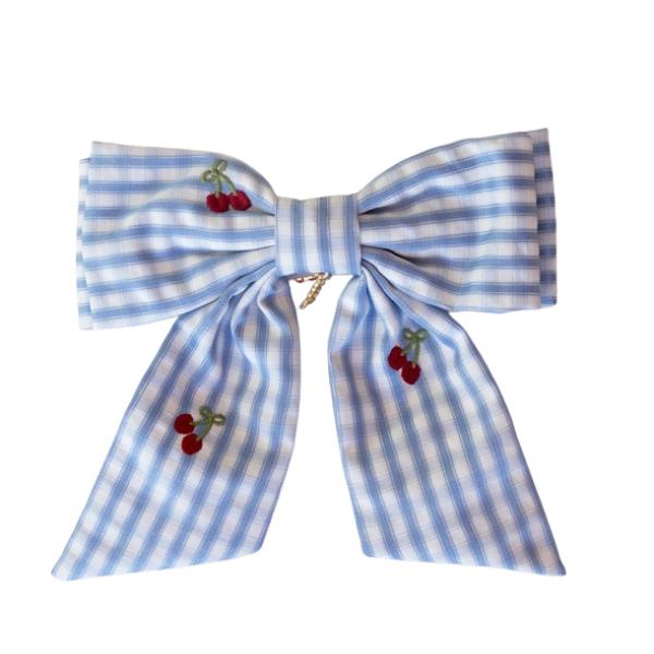 Gingham Bow - Cherries & Blue