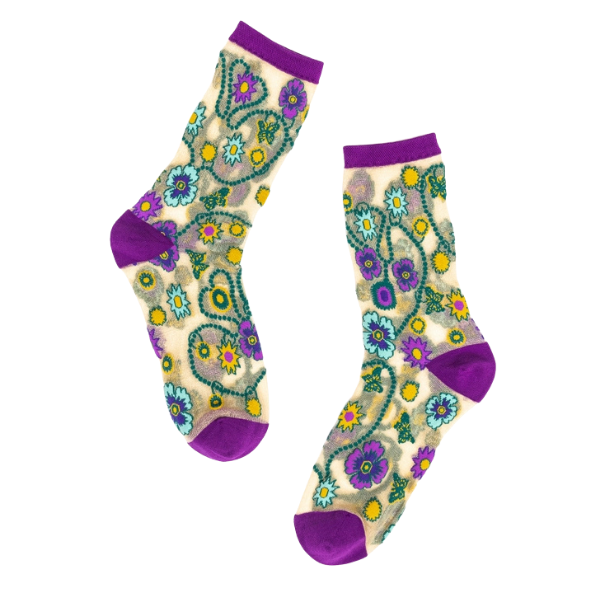 'Jeweled Floral' Gold Shimmer Sheer Socks