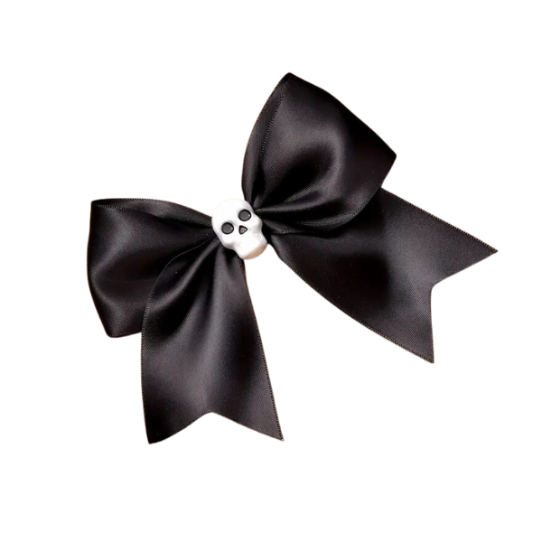 Skeleton Head Satin Black Bow Clip