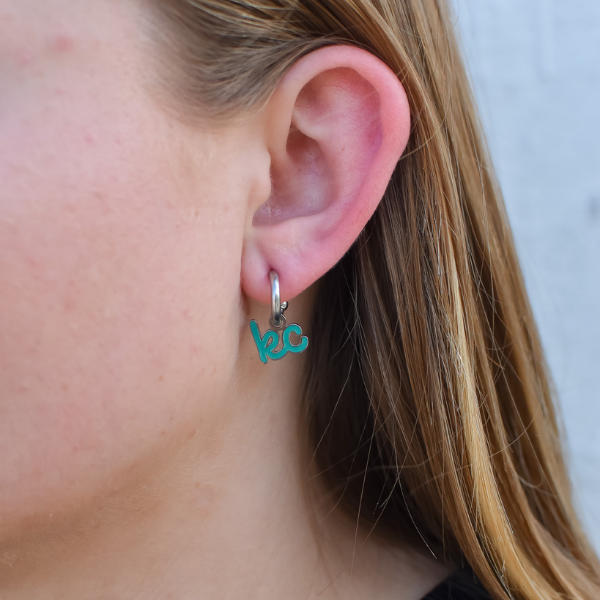 Kansas City Teal Script Charm Huggie Hoop Earrings