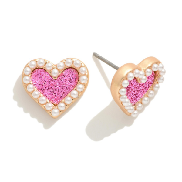 Pearl & Pink Glitter Heart Stud Earrings